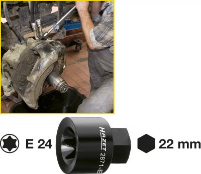 HAZET Bremssattel TORX® Einsatz 2871-E24     Außen TORX® Profil   Schlüsselweite: E 24   Gesamtlänge: 39.5 mm