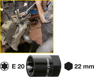 HAZET Bremssattel TORX® Einsatz 2871-E20     Außen TORX® Profil   Schlüsselweite: E 20   Gesamtlänge: 39.5 mm