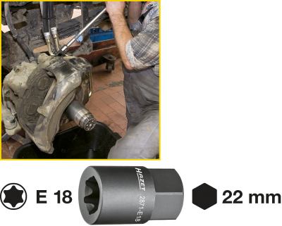 HAZET Bremssattel TORX® Einsatz 2871-E18     Außen TORX® Profil   Schlüsselweite: E 18   Gesamtlänge: 39.5 mm